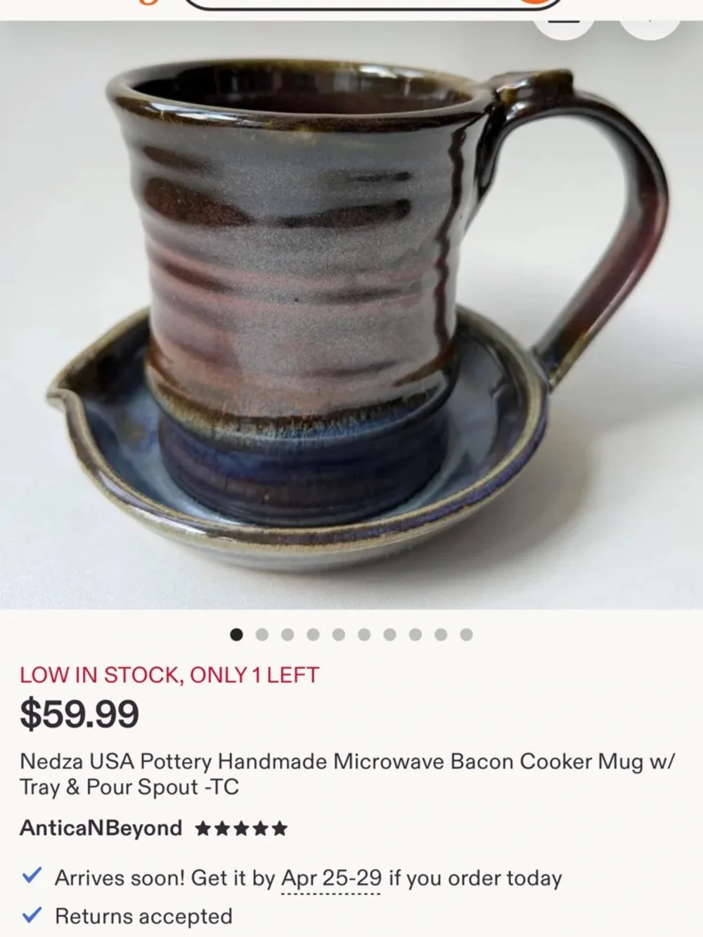 Nedza USA Pottery. Handmade microwave bacon cooker mug w/ tray and pour spout .